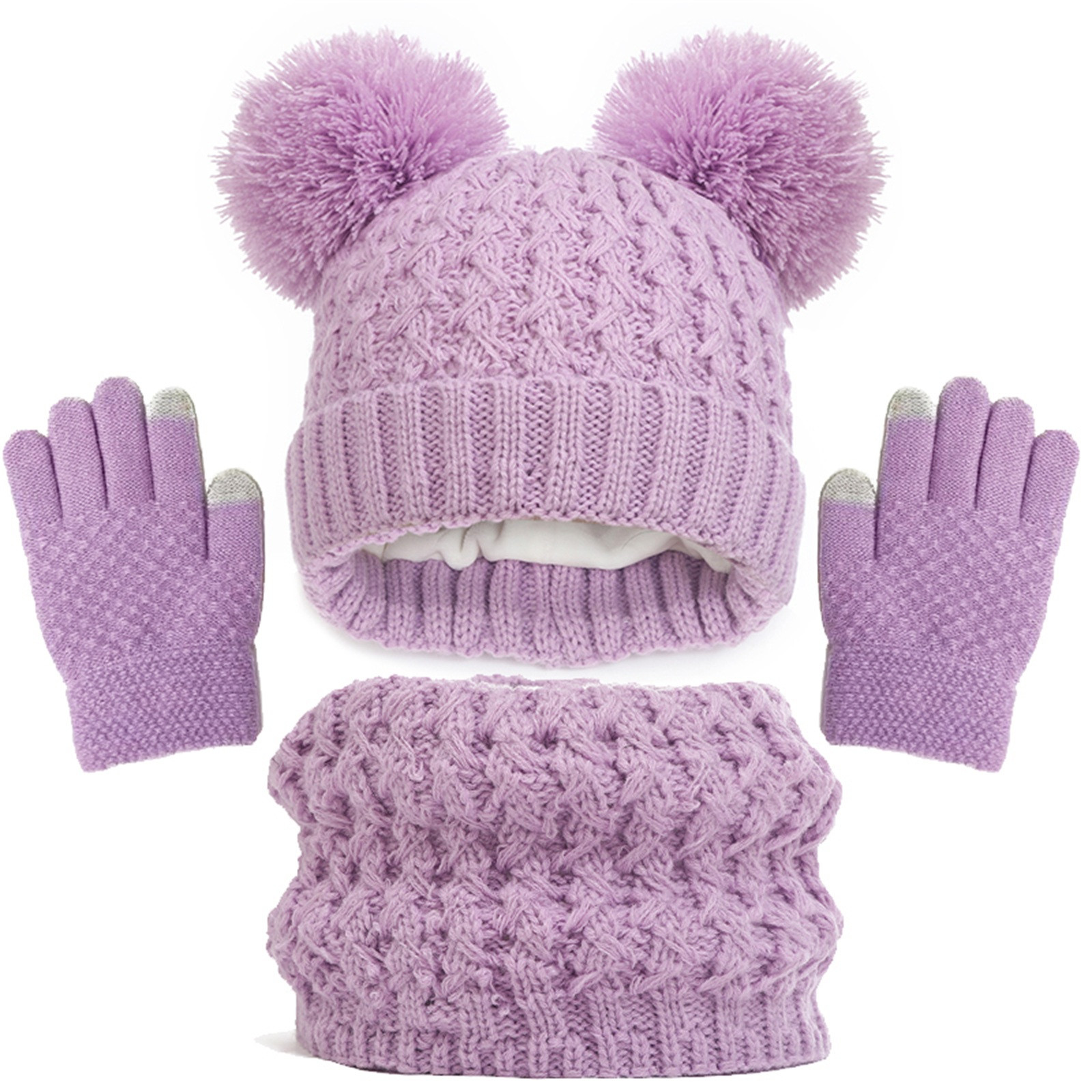 Fauean Kids Winter Hat Gloves Scarf Set Unisex Children Knitted Warmer Mittens Lined Set Purple One Size